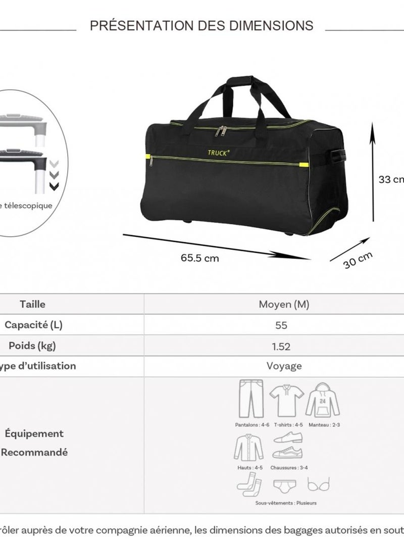 Sac de voyage avec roulettes 64L  65.50cm Noir - Kiabi