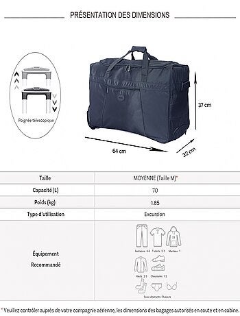 Sac de voyage avec roulettes 70L 64cm