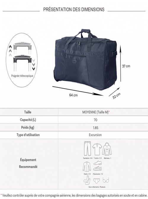 Sac de voyage avec roulettes 70L  64cm - Kiabi