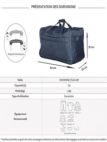 Sac de voyage avec roulettes 70L 64cm