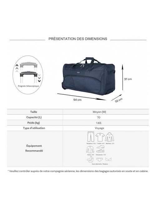 Sac de voyage avec roulettes 70L  64cm - Kiabi