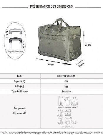 Sac de voyage avec roulettes 70L 64cm