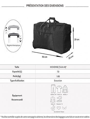 Sac de voyage avec roulettes 70L 64cm