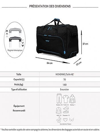 Sac de voyage avec roulettes 70L 64cm