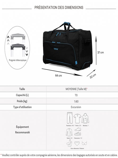 Sac de voyage avec roulettes 70L  64cm - Kiabi