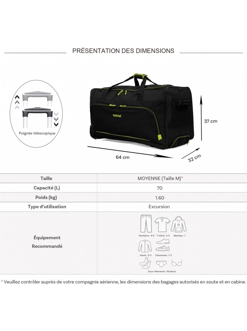 Sac de voyage avec roulettes 70L  64cm Noir - Kiabi