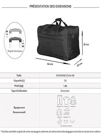 Sac de voyage avec roulettes 70L 64cm