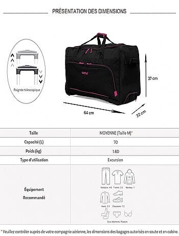 Sac de voyage avec roulettes 70L 64cm