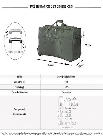 Sac de voyage avec roulettes 70L 64cm