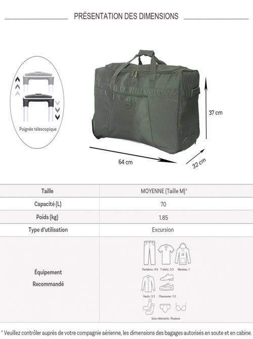 Sac de voyage avec roulettes 70L  64cm - Kiabi