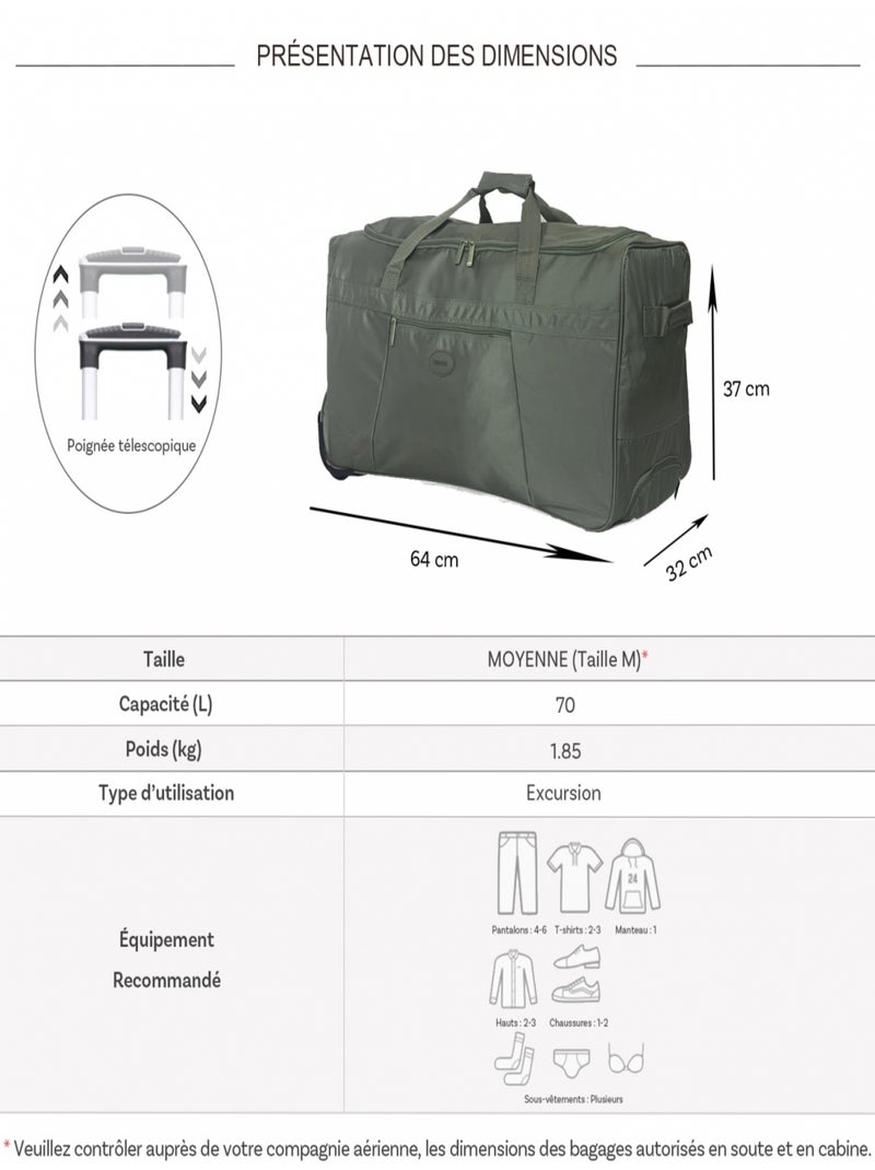 Sac de voyage avec roulettes 70L  64cm Vert - Kiabi
