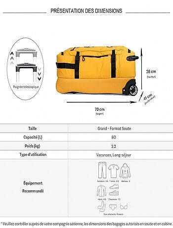 Sac de voyage avec roulettes 80L 70cm