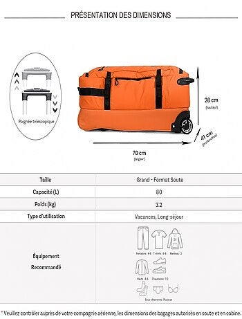 Sac de voyage avec roulettes 80L 70cm