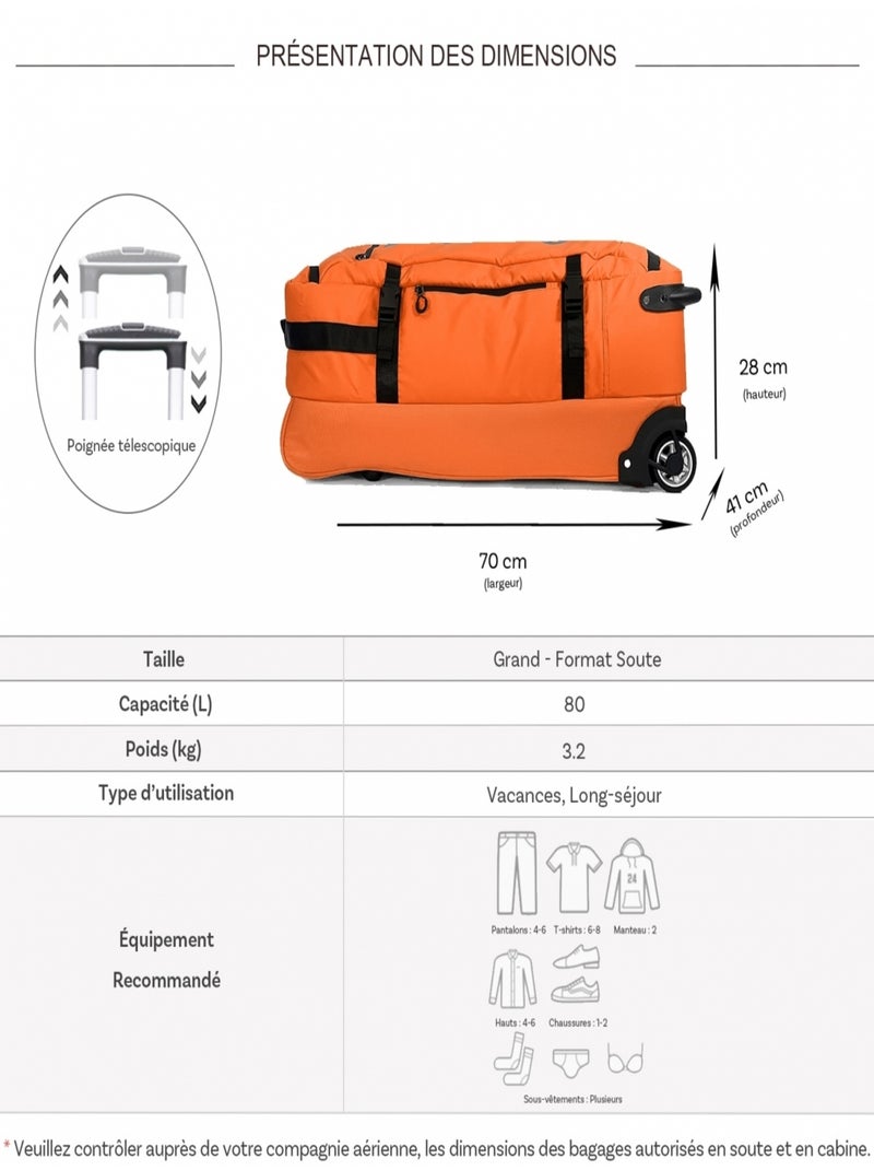 Sac de voyage avec roulettes 80L  70cm Orange - Kiabi