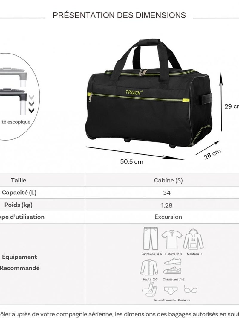 Sac de voyage cabine avec roulettes 34L  50.50cm Noir - Kiabi