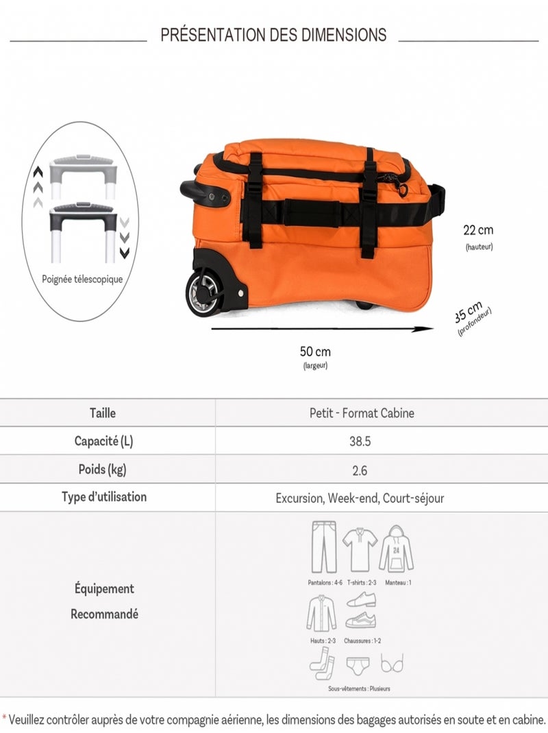 Sac de voyage cabine avec roulettes 38.5L  50cm Orange - Kiabi