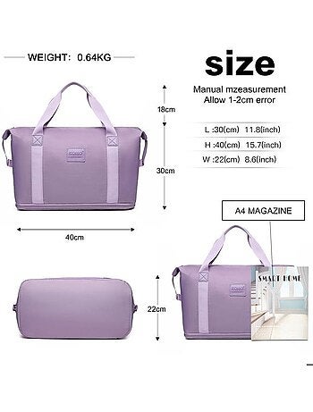 Sac de voyage duffel 40x22x30 cm sec/humide avec trousse - kono