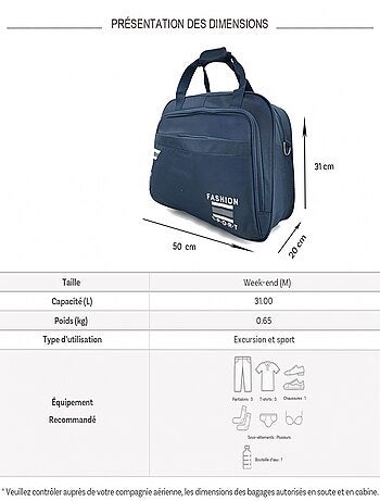 Sac de voyage week-end 31L et sport sans roulettes