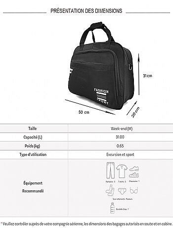 Sac de voyage week-end 31L et sport sans roulettes