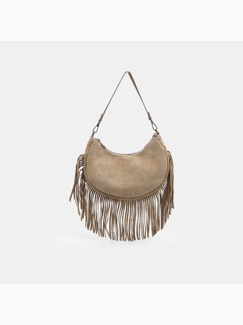 Sac modèle hobo en daim avec franges bata - Kiabi