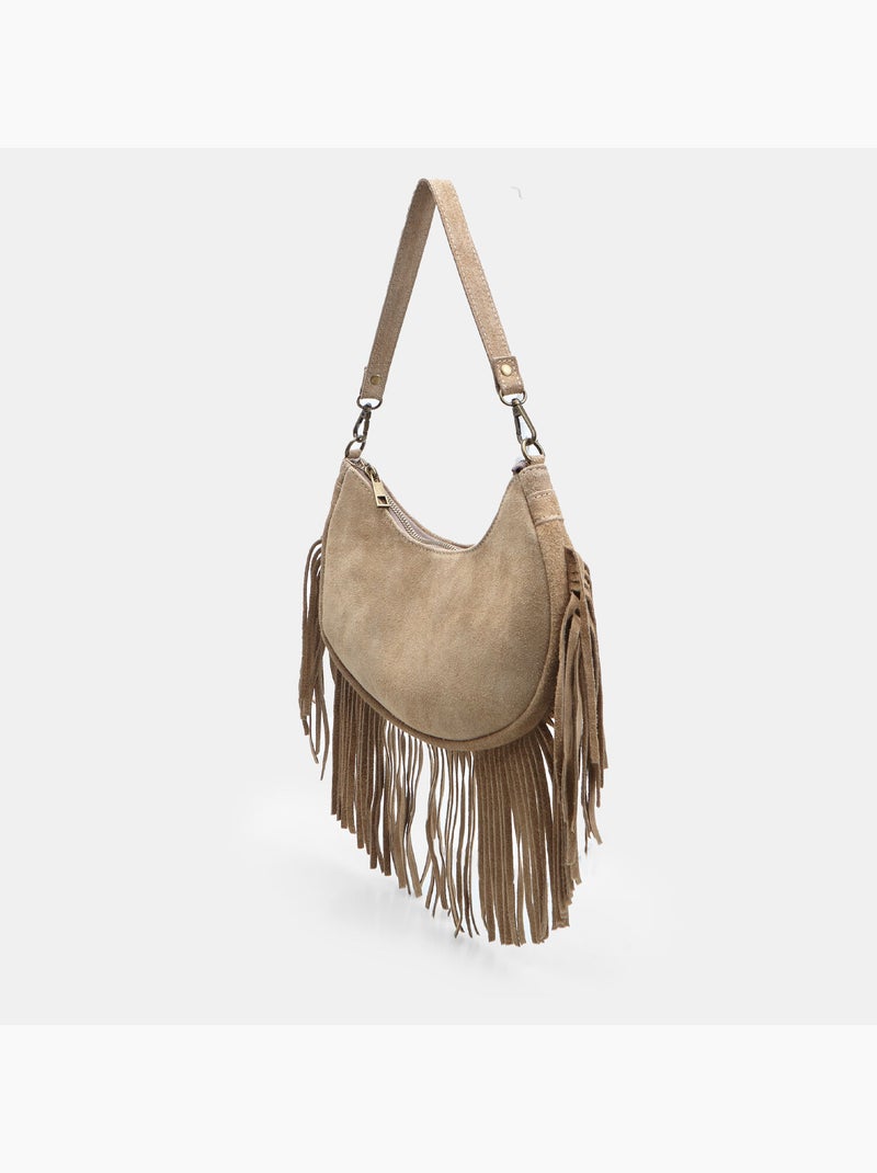 Sac modèle hobo en daim avec franges Bata Beige - Kiabi