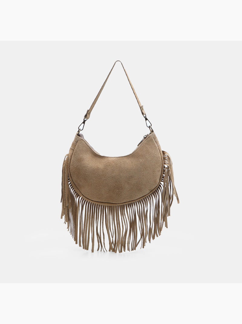 Sac modèle hobo en daim avec franges Bata Beige - Kiabi