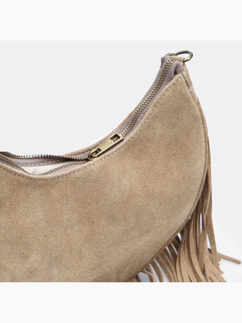 Sac modèle hobo en daim avec franges Bata Beige - Kiabi