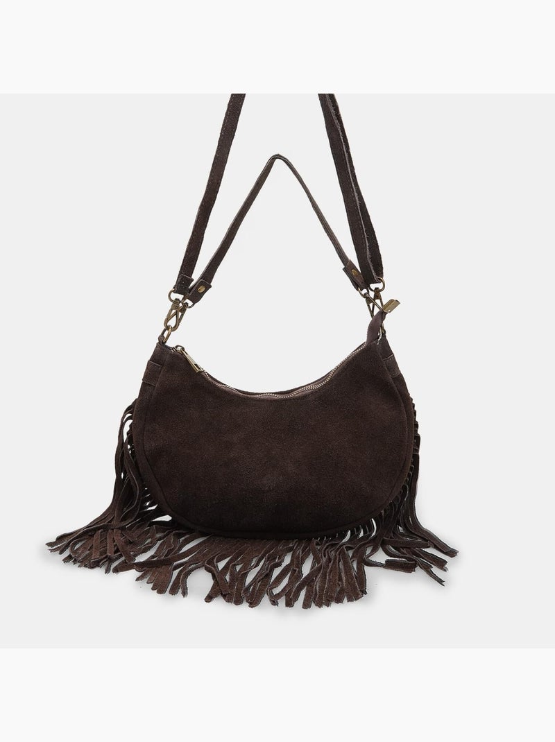 Sac modèle hobo en daim avec franges Bata Marron - Kiabi