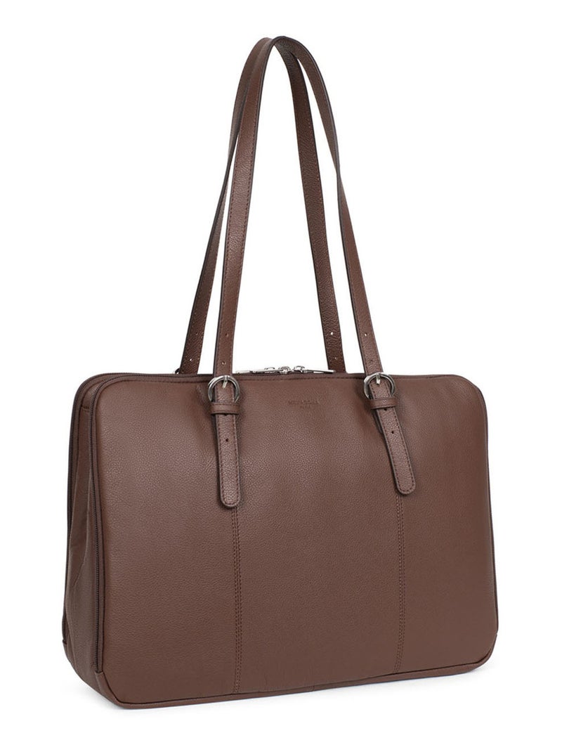 Sac porté épaule 2 anses  15" & A4  Cuir CONFORT Marron chocolat - Kiabi