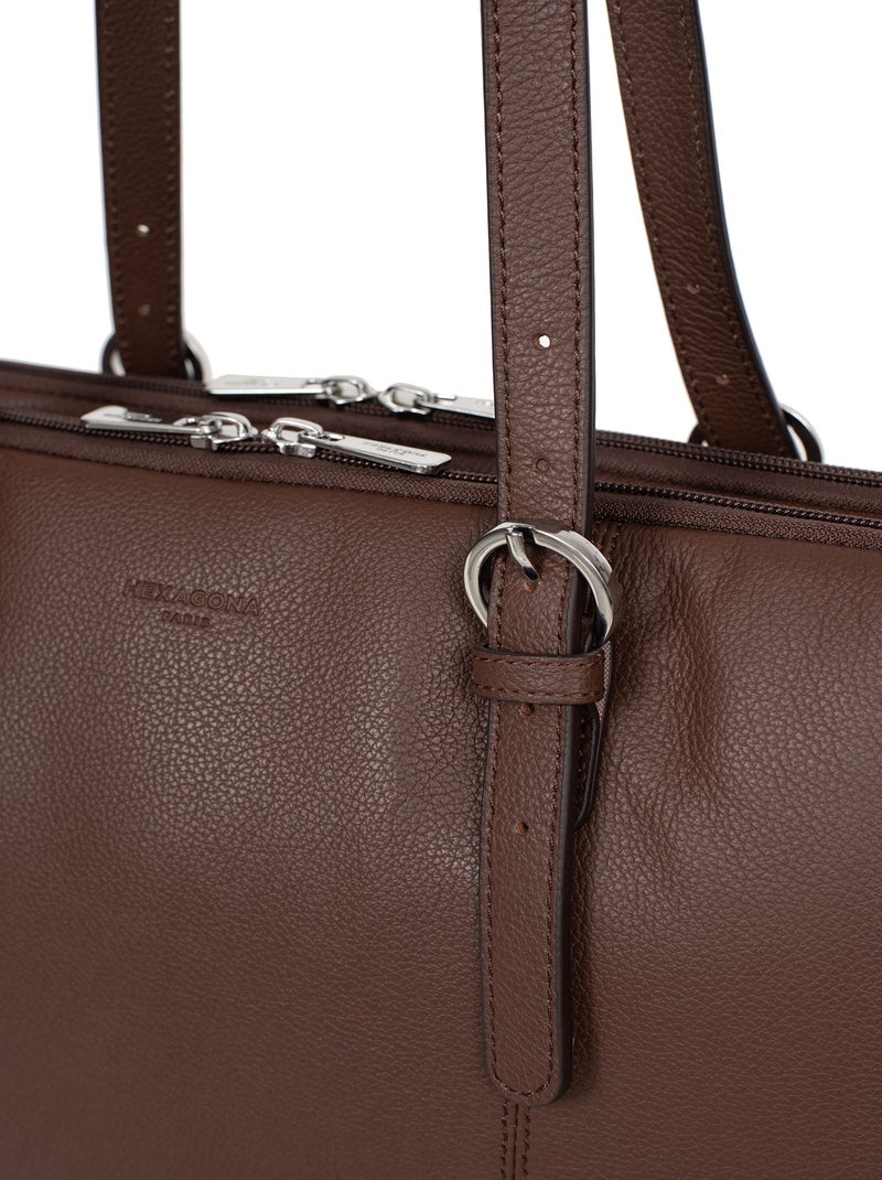 Sac porté épaule 2 anses  15" & A4  Cuir CONFORT Marron chocolat - Kiabi