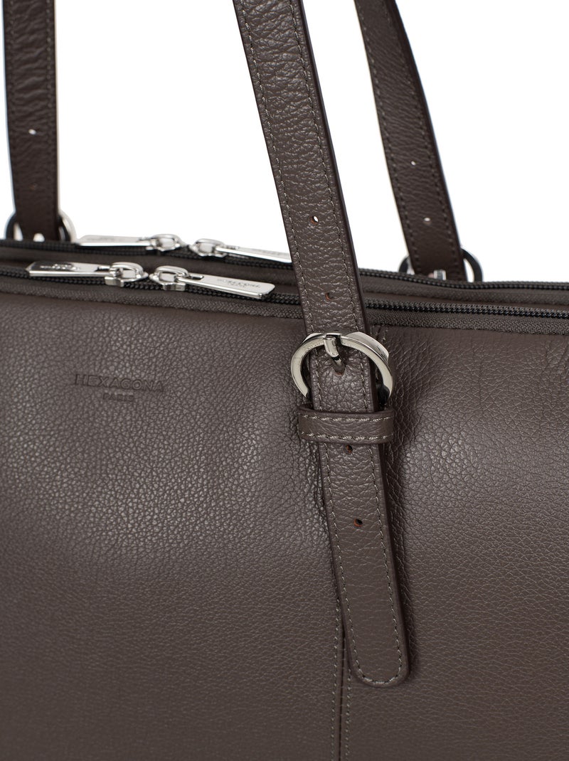 Sac porté épaule 2 anses  15" & A4  Cuir CONFORT Taupe - Kiabi