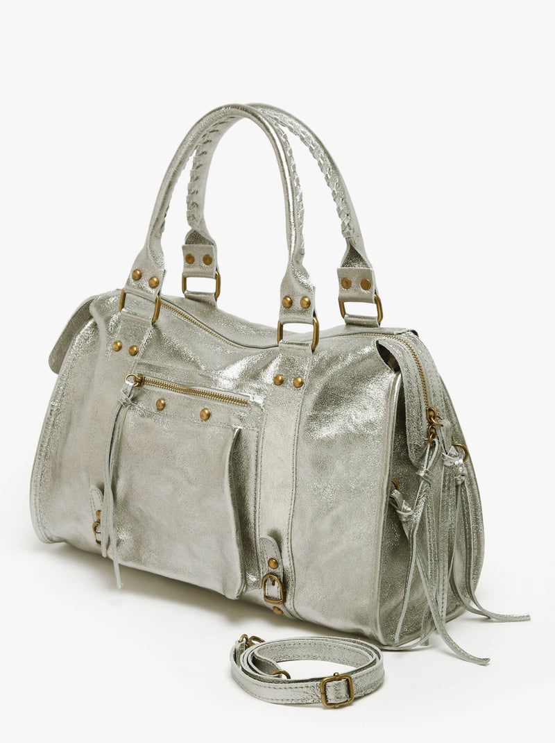Sac Porté Épaule A4 Nine Cuir Milano Cuir De Vachette Gris Argenté Gris - Kiabi