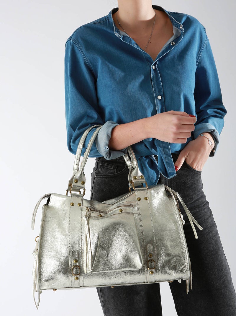 Sac Porté Épaule A4 Nine Cuir Milano Cuir De Vachette Gris Argenté Gris - Kiabi