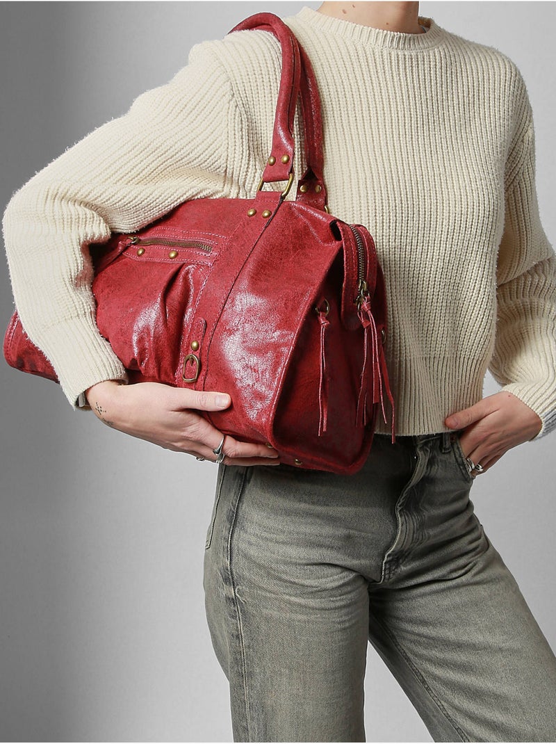 Sac porté épaule a4 spazzolato cuir milano cuir de vachette Rouge cerise - Kiabi