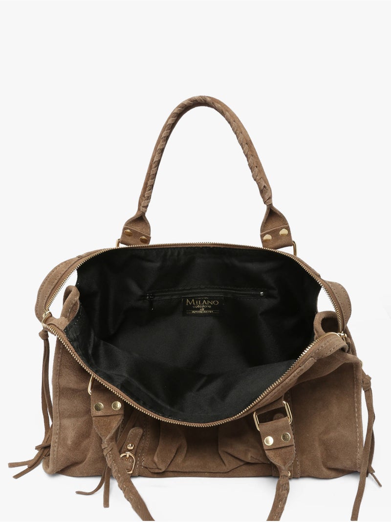 Sac porté épaule a4 velvet milano cuir de vachette Taupe - Kiabi