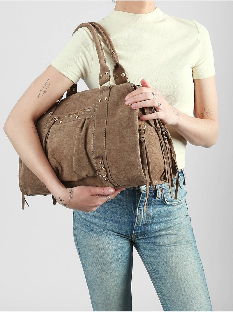 Sac porté épaule a4 velvet milano cuir de vachette Taupe - Kiabi