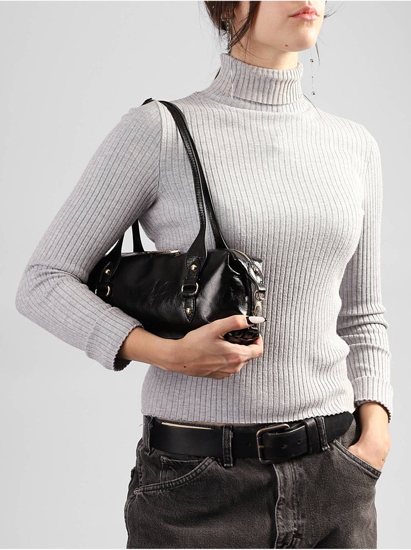 Sac porté épaule shiny sauvage cuir milano cuir de vachette Noir Noir - Kiabi