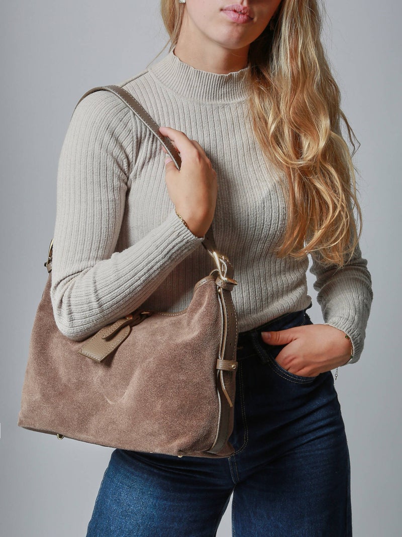 Sac porté épaule velvet caviar cuir milano cuir de vachette Taupe - Kiabi