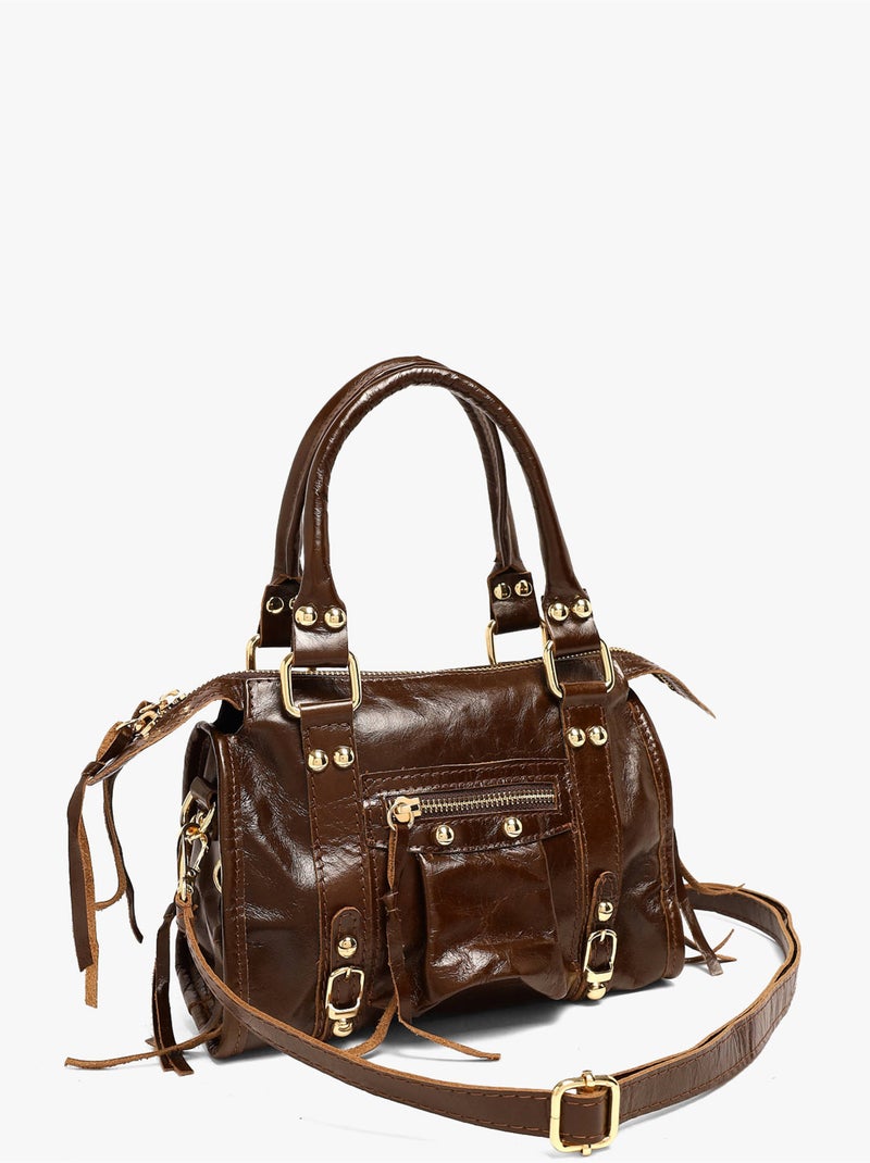 Sac porté main shiny sauvage cuir milano cuir de vachette Marron foncé - Kiabi