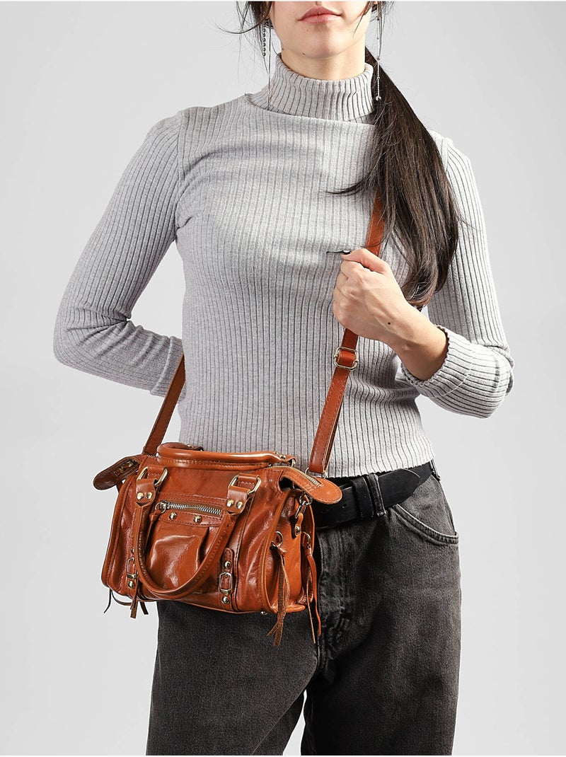 Sac porté main shiny sauvage cuir milano cuir de vachette Marron tabac - Kiabi