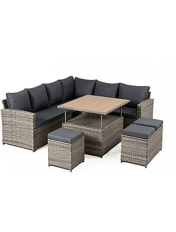 SAHARA Salon de jardin modulable 9 places en résine tressée avec table relevable effet bois