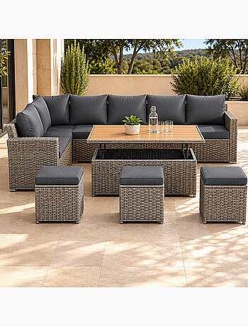 SAHARA Salon de jardin modulable 9 places en résine tressée avec table relevable effet bois