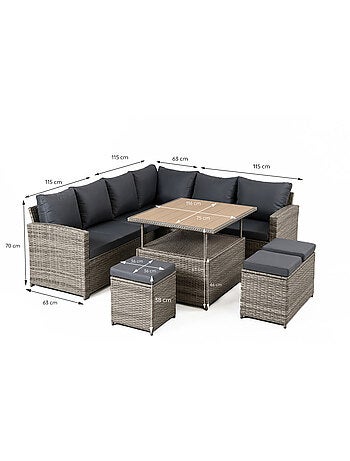 SAHARA Salon de jardin modulable 9 places en résine tressée avec table relevable effet bois
