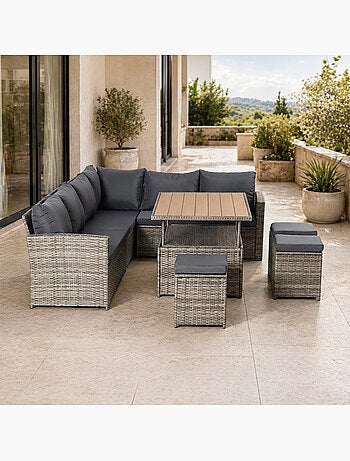 SAHARA Salon de jardin modulable 9 places en résine tressée avec table relevable effet bois
