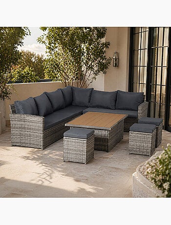 SAHARA Salon de jardin modulable 9 places en résine tressée avec table relevable effet bois