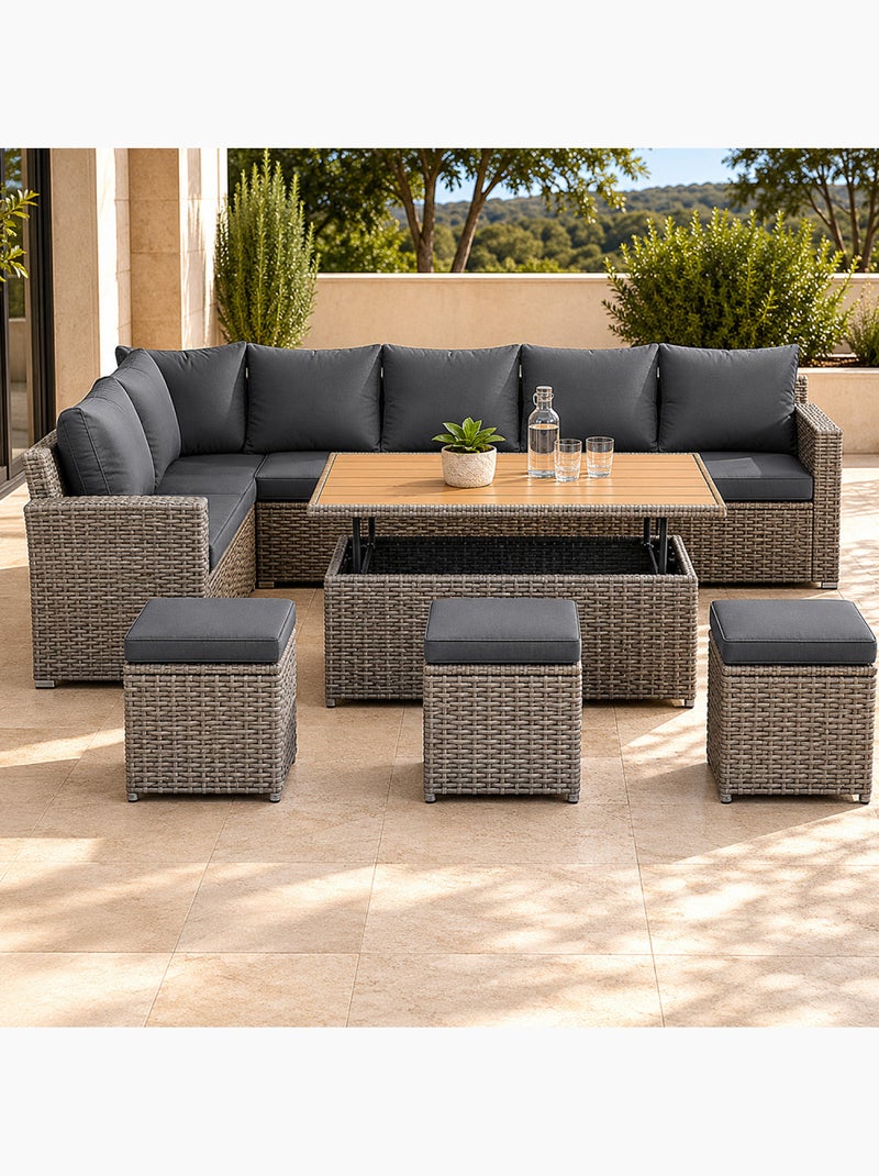 SAHARA Salon de jardin modulable 9 places en résine tressée avec table relevable effet bois Gris Marron - Kiabi