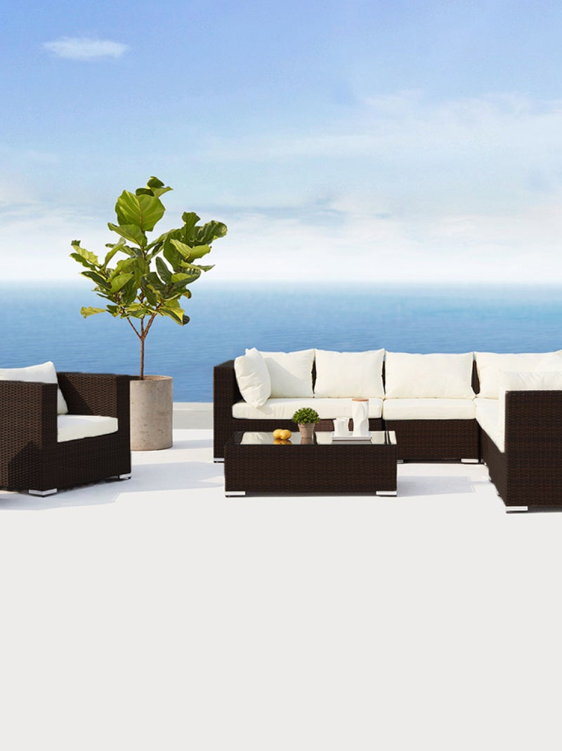 SALENTO - Salon de jardin panoramique 8 places en résine tressée marron et blanc Blanc Marron - Kiabi