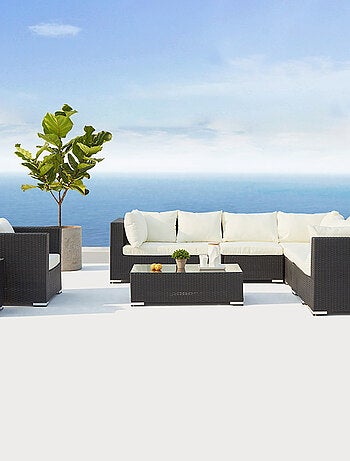 SALENTO - Salon de jardin panoramique 8 places en résine tressée noir et gris