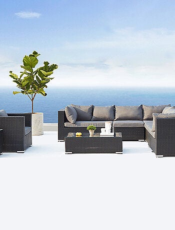SALENTO - Salon de jardin panoramique 8 places en résine tressée noir et gris