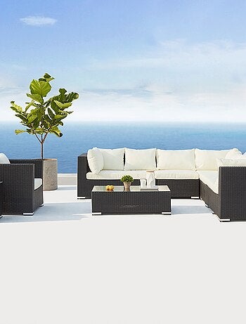 SALENTO Salon de jardin 8 places en résine tressée noir et blanc